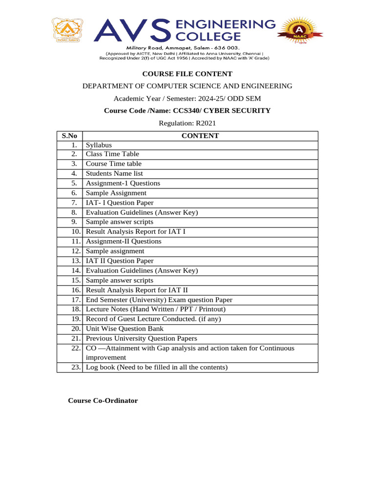Course File Content Avs 13-08-2024 (1) | PDF