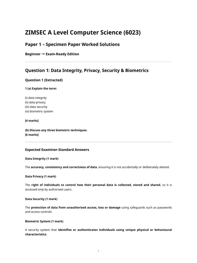 ZIMSEC A Level Computer Science Solutions | PDF | Biometrics | Computing