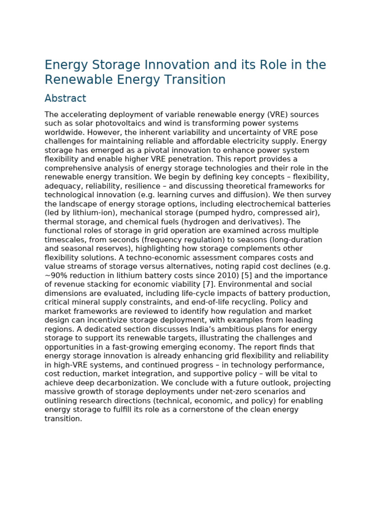 Energy Storage's Role in Renewable Transition | PDF | Energy Storage ...