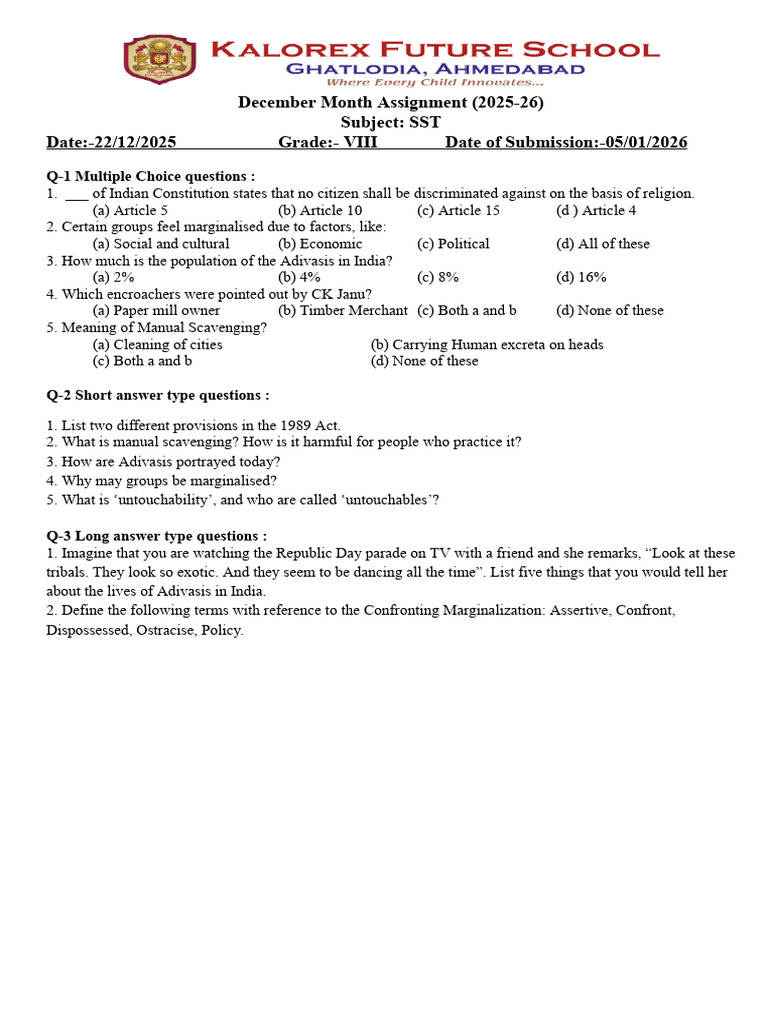 December 2025 SST Assignment for Grade VIII | PDF