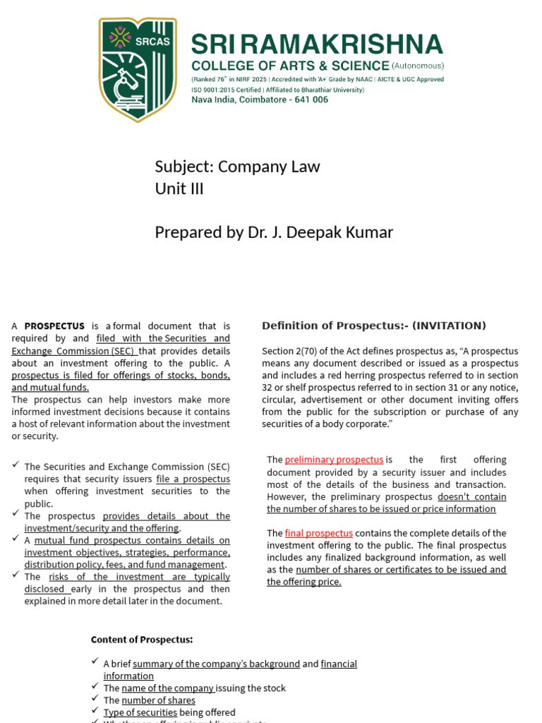 Understanding Prospectus in Company Law | PDF | Preferred Stock | Dividend