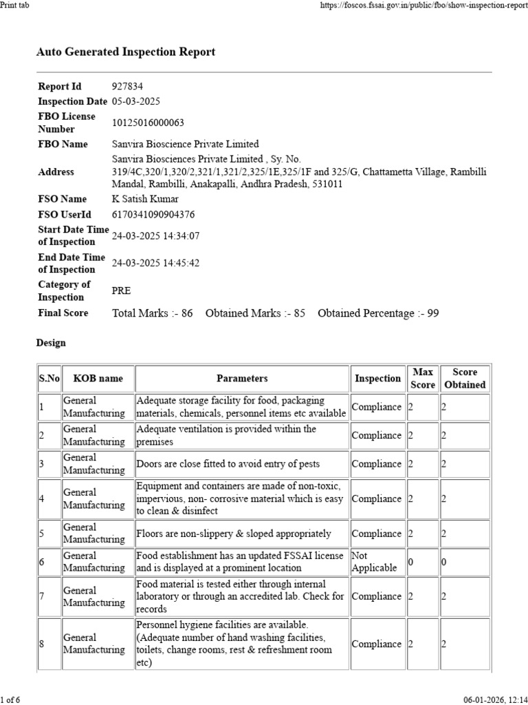 FSSAI Inspection Report for Sanvira Bioscience | PDF | Regulatory ...