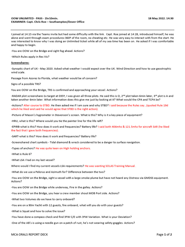 MCA Orals Exam Report: OOW Unlimited | PDF | Ships | Water Transport
