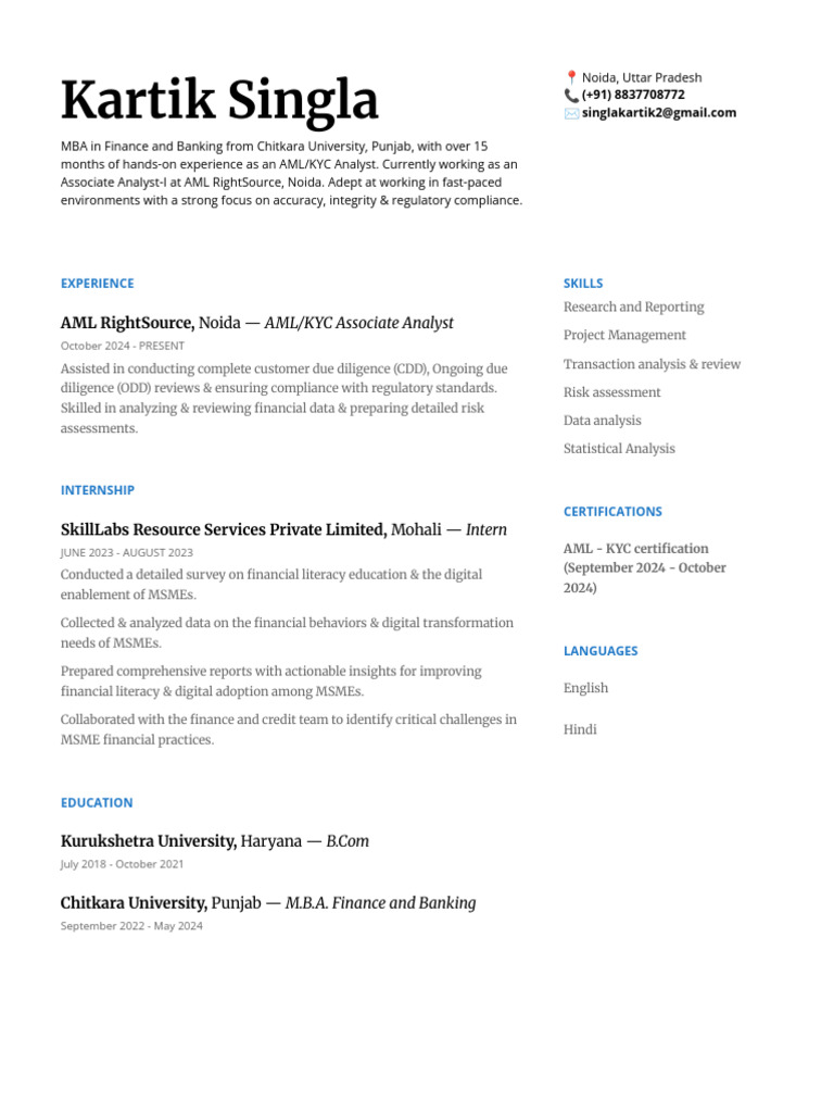 AML/KYC Analyst Profile - Kartik Singla | PDF | Regulatory Compliance ...