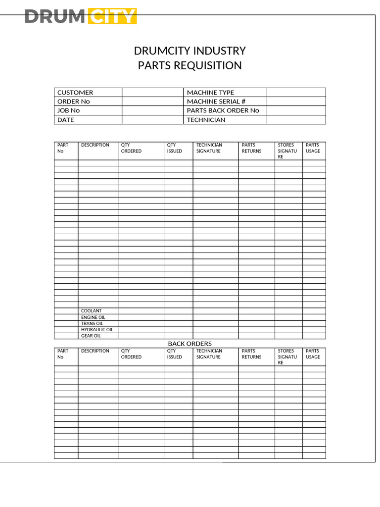 Drumcity Industry Parts Requistion | PDF