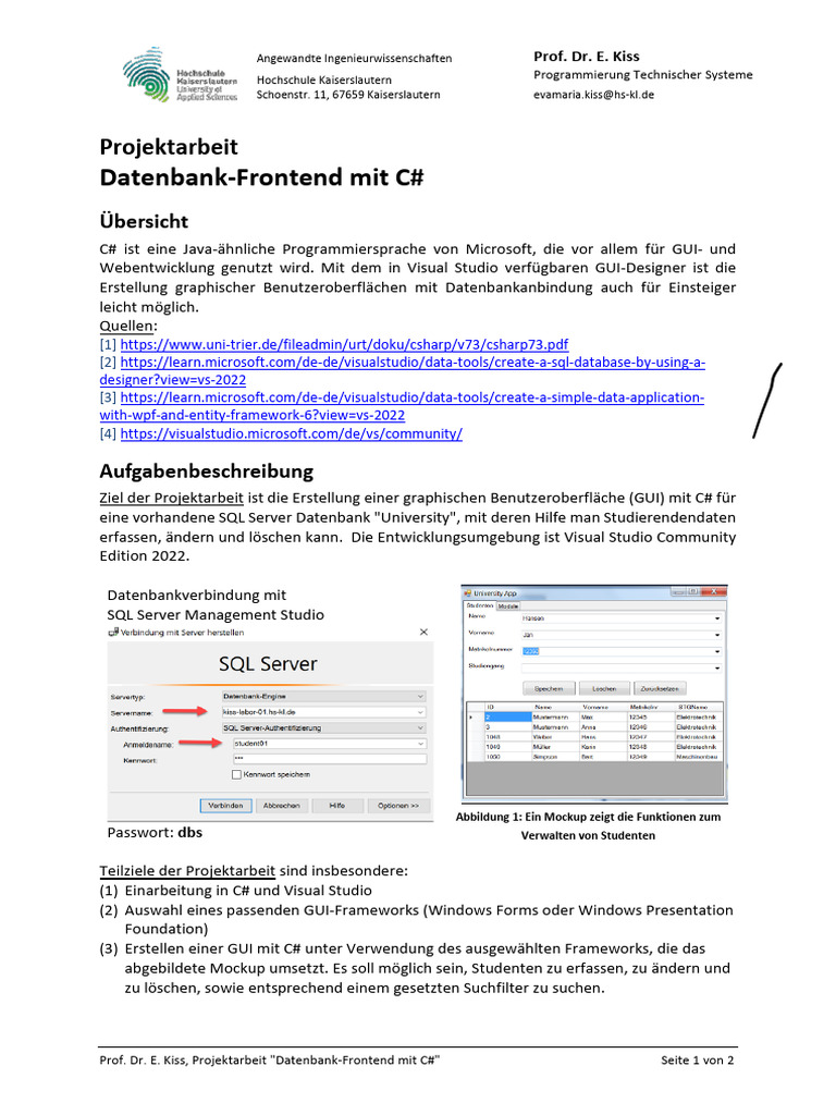 Projektarbeit Datenbank-Frontend Mit C# | PDF