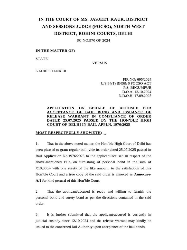 Application for Release Gauri Shankar | PDF | Bail | Crime & Violence