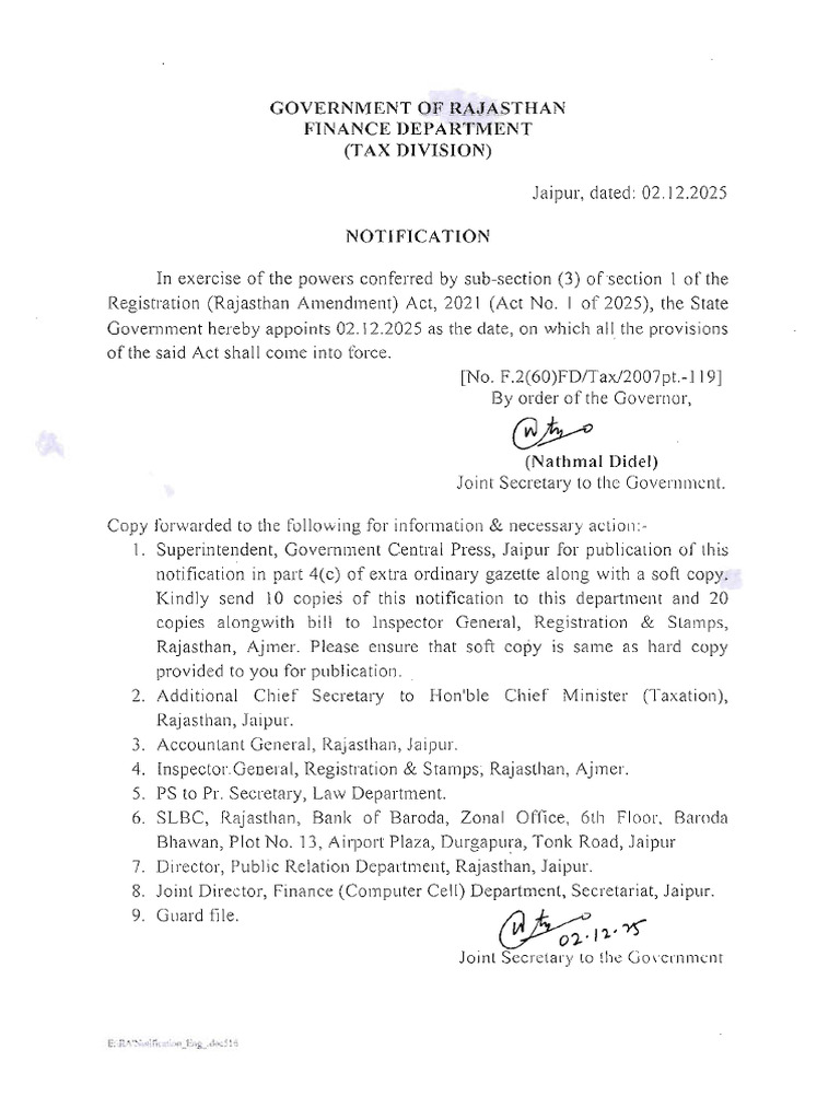 Rajasthan Registration Act Notification | PDF