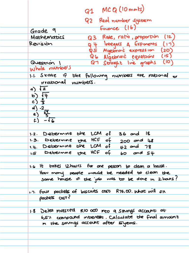 Grade 9 Mathematics Exam Revision Guide | PDF | Interest | Algebra