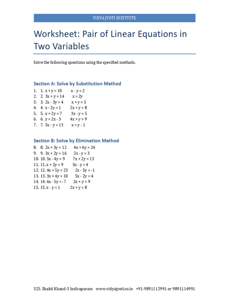 Linear Equations Worksheet Solutions | PDF