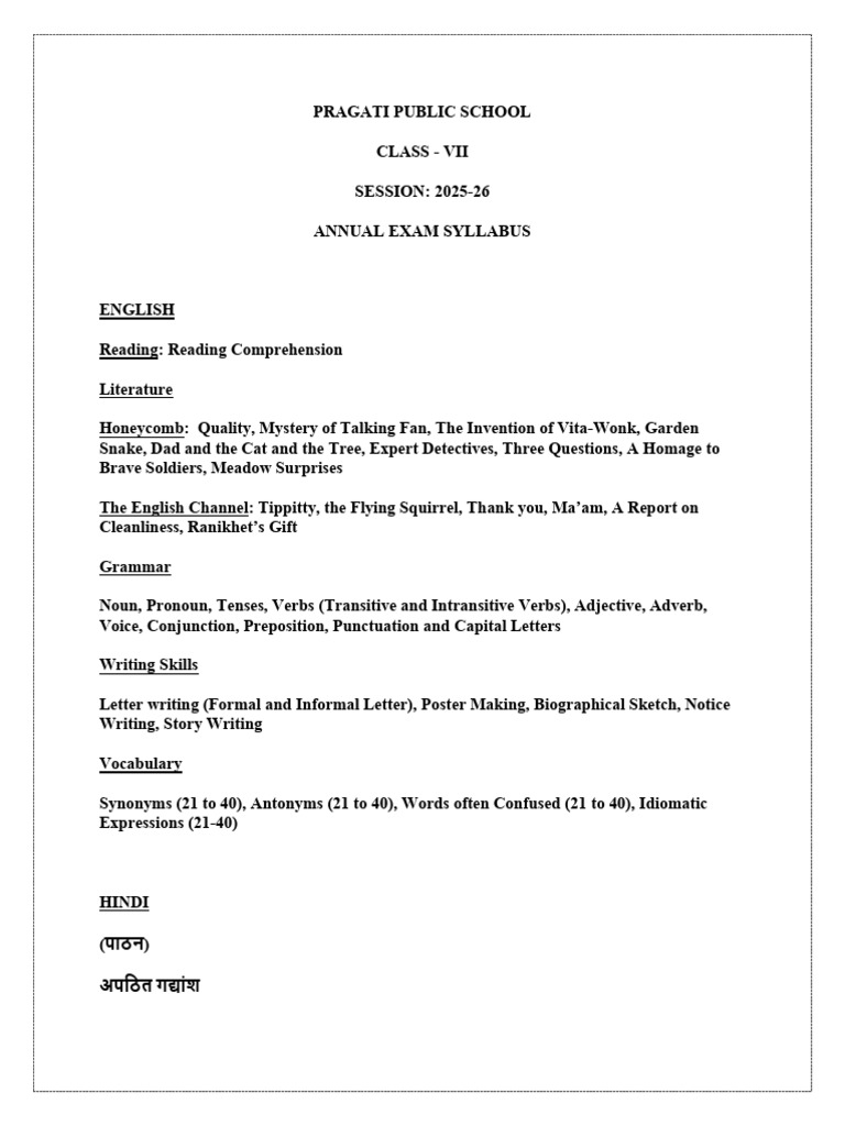 Class VII Annual Exam Syllabus 2025-26 | PDF | Verb | English Language