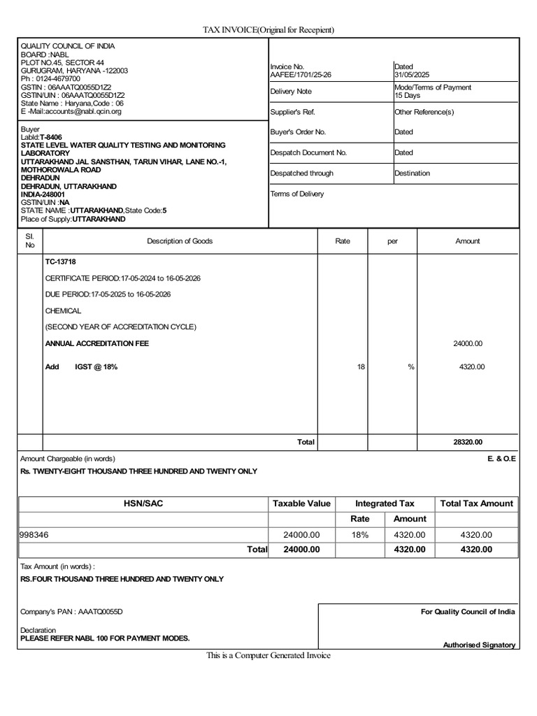 NABL Tax Invoice for Accreditation Fee | PDF | Taxation | Government ...