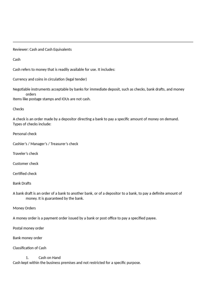 summary of cash | PDF | Cheque | Money