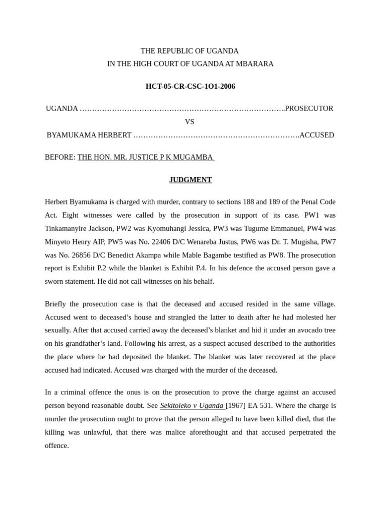 Uganda High Court Murder Judgment | PDF | Prosecutor | Burden Of Proof ...
