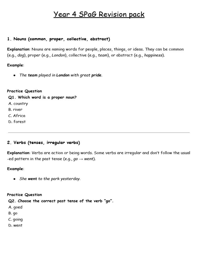 Year 4 SPaG Revision Guide | PDF | Adverb | Verb