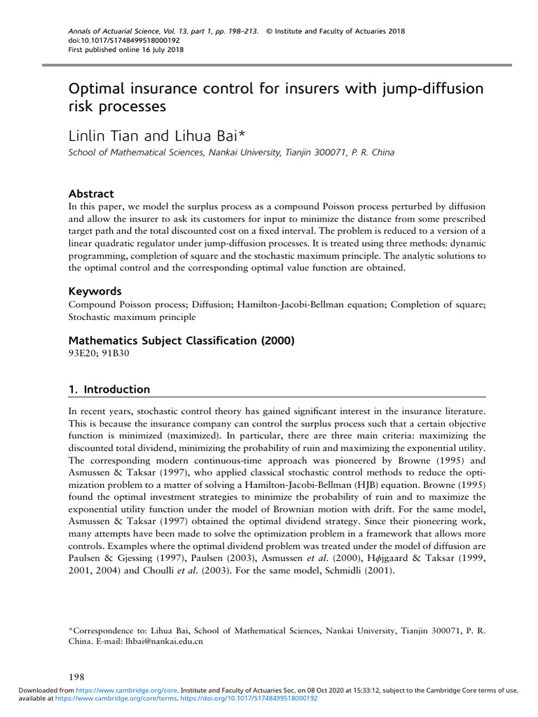 Optimal Insurance Control with Jump-Diffusion | PDF | Optimal Control ...