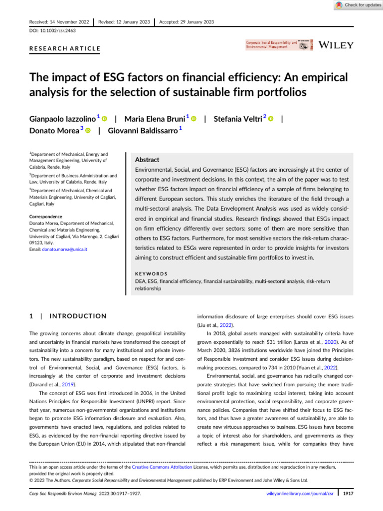 The impact of ESG factors on financial efficiency: An empirical ...