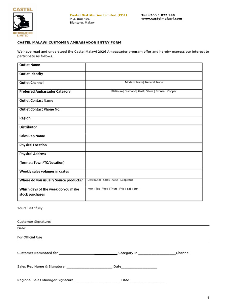 Castel Malawi Ambassador Entry Form | PDF