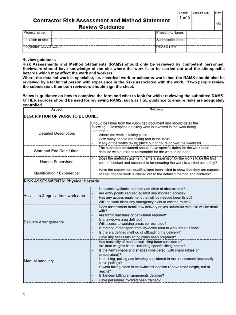 Contractor RAMS Review Guidance Sheet | PDF | Personal Protective ...