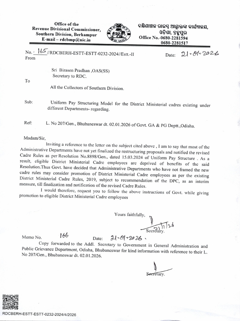 Uniform Pay Structuring Model for the Dist. Ministerial Cadres Existing ...