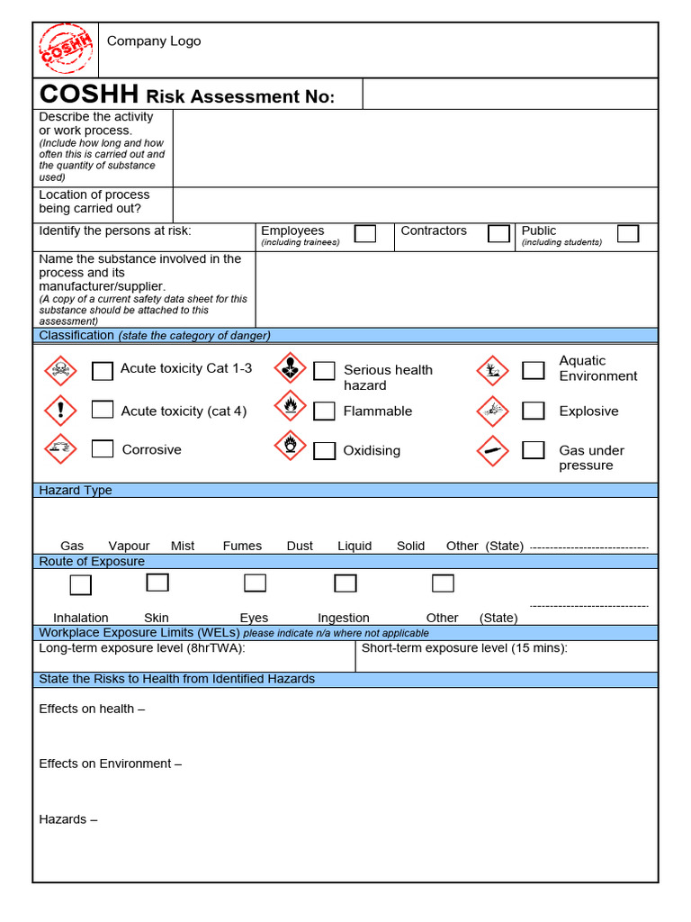 COSHH RA Template | PDF | Personal Protective Equipment | Toxicity