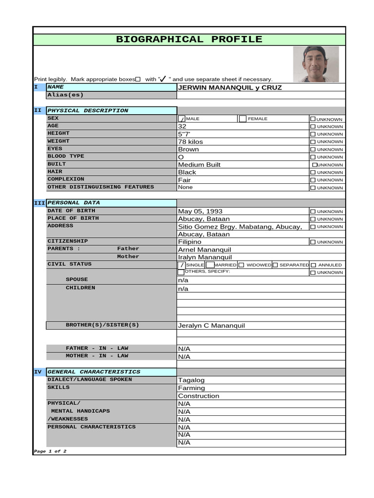 Bioprofile Cfo Almaba- Jerwin Mananquil y Cruz | PDF | Philippines