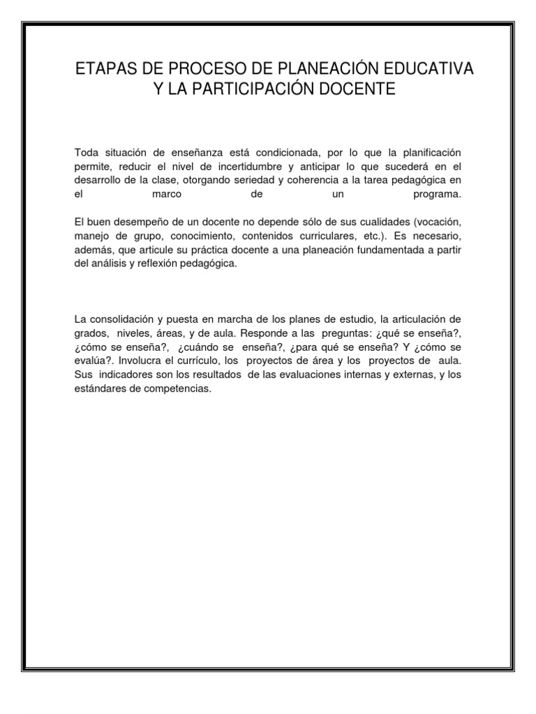 Etapas de la Planeación Educativa | PDF | Planificación | Evaluación