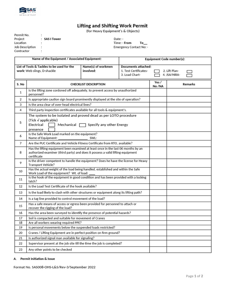 Lifting and Shifting Work Permit Template | PDF | Crane (Machine) | Safety