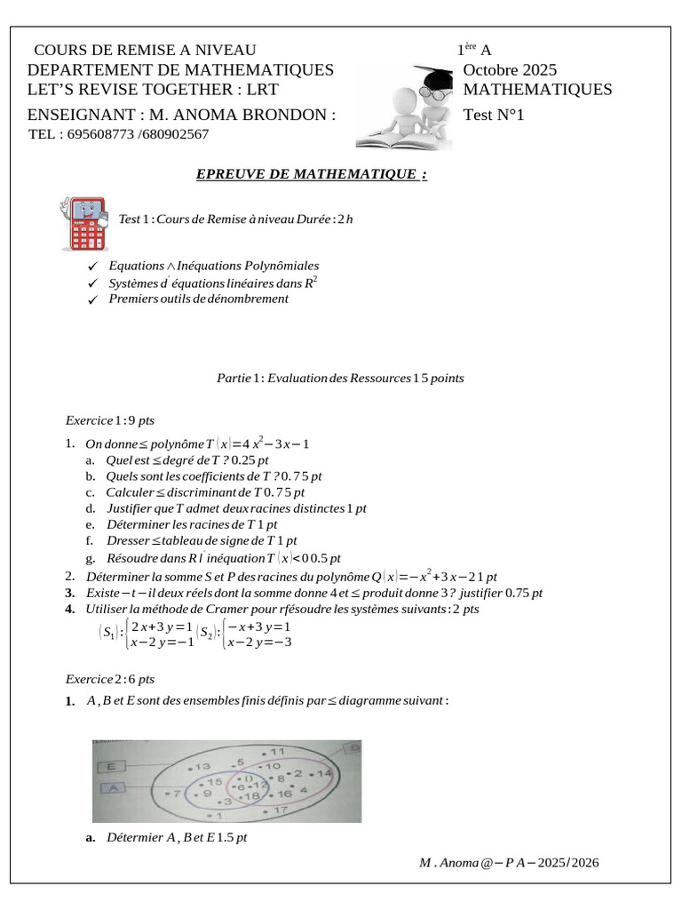 Test de Remise à Niveau en Mathématiques PDF Zéro d'une fonction — free download