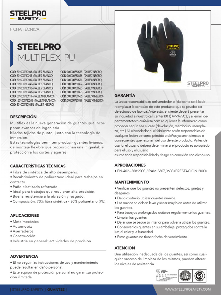 Ficha Tecnica Steelpro Guantes Multiflex Pu Negro | PDF | Guante