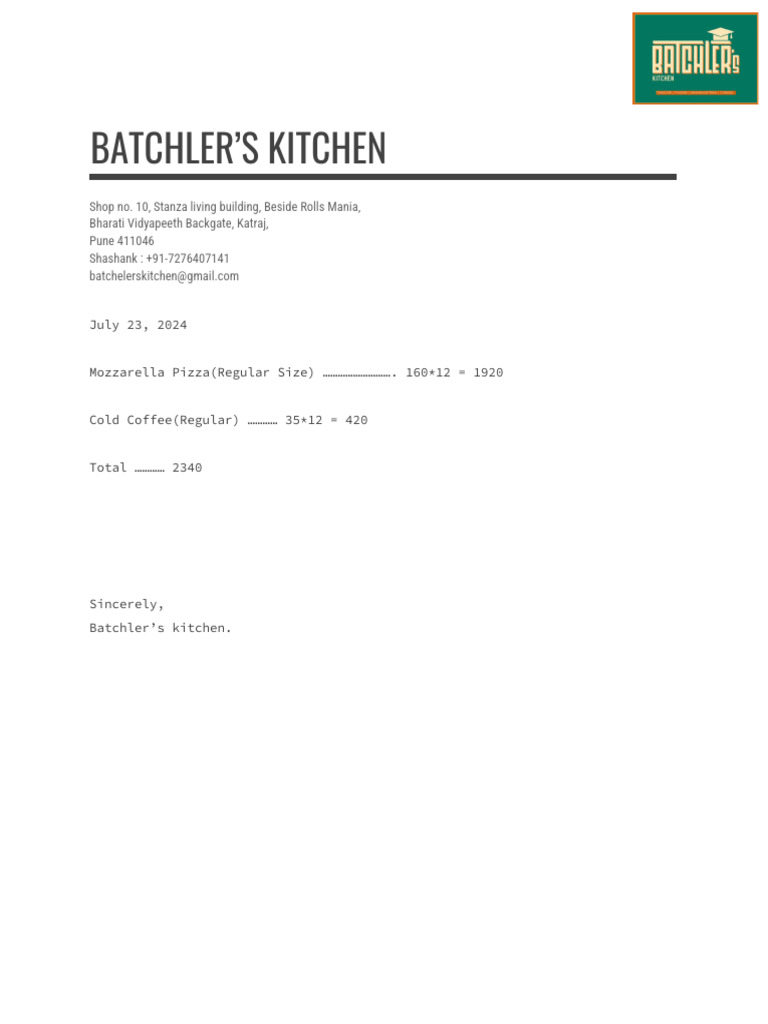 Batchler's Kitchen Invoice Summary | PDF