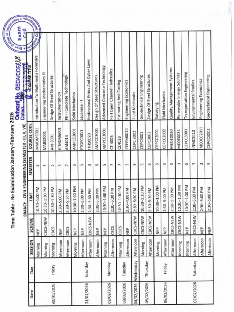 Time Table Re Exam Jan-Feb 2026 (UG- 3,5,7 Sem & PG-3 Sem) | PDF