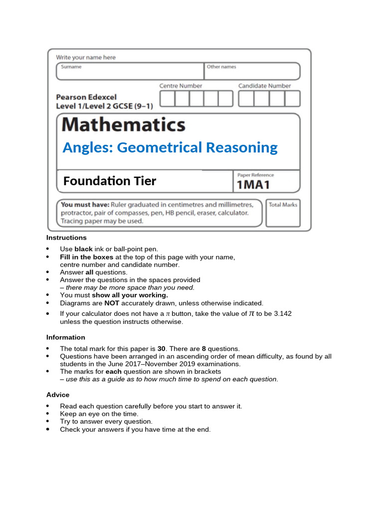 Angles Geometrical Reasoning Exam Guide | PDF | Triangle | Euclid