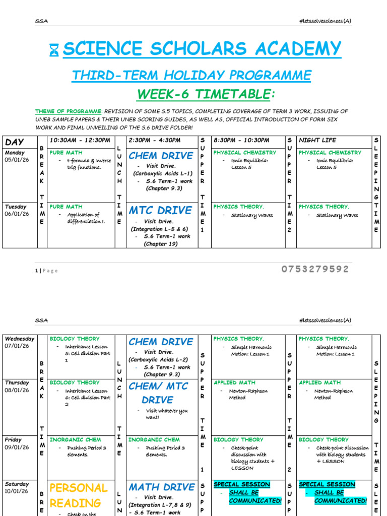s.6 Week 6 Timetable- Science Scholars Academy (Ssa)? | PDF