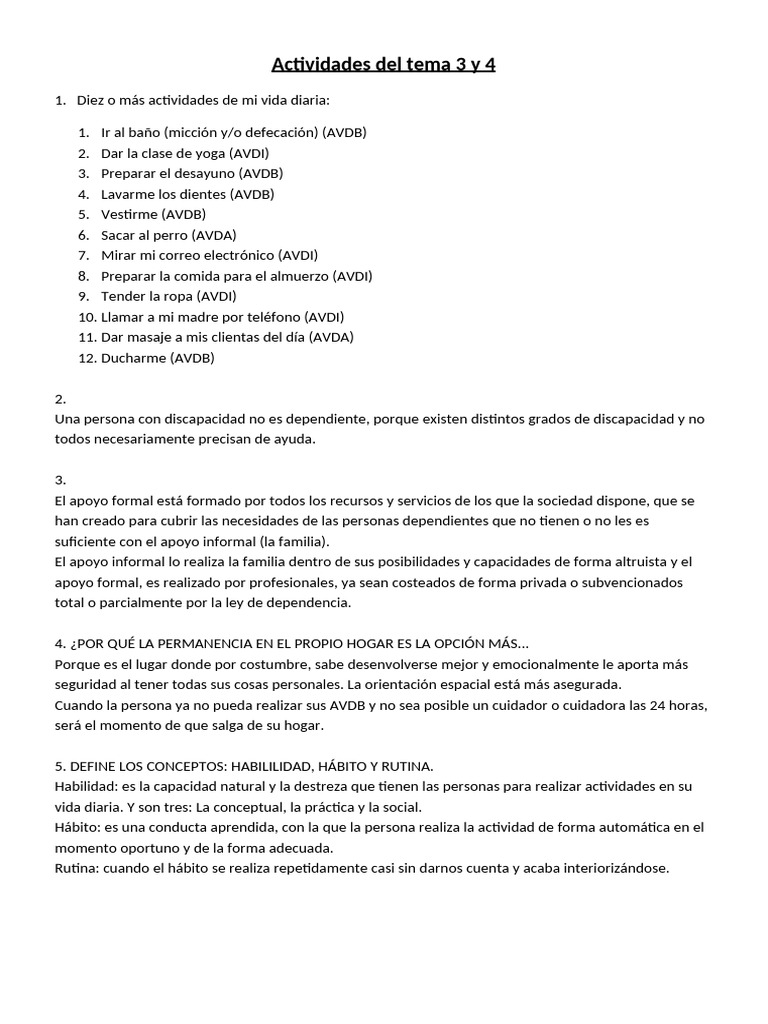 Actividades y Valoración de AVD en Discapacidad | PDF