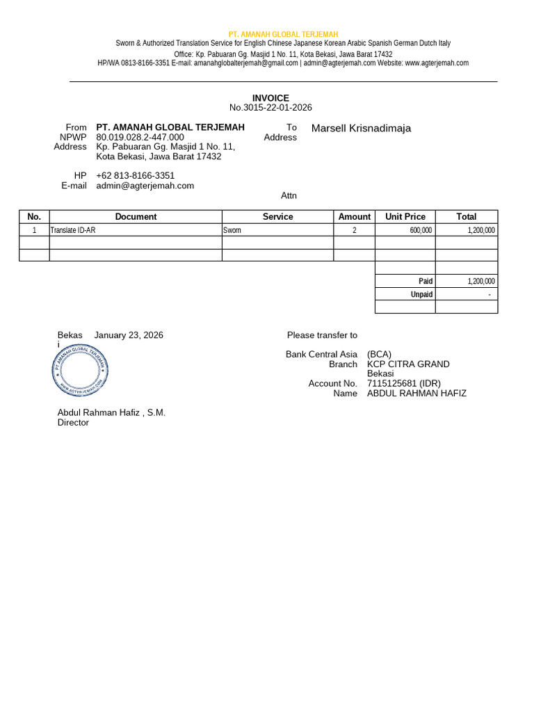 Sworn Translation Invoice - PT. Amanah Global | PDF