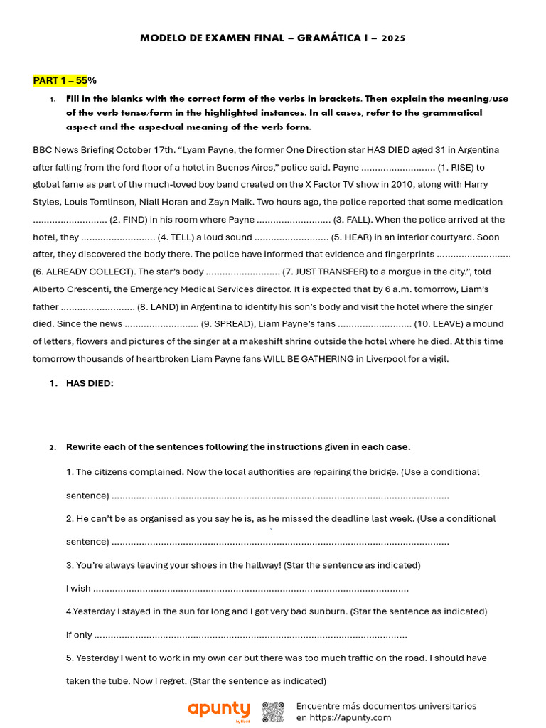 Examen Final de Gramática I - 2025 | PDF | Clause | Language Mechanics