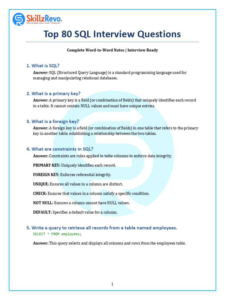 Top SQL Interview Questions & Answers | PDF | Database Transaction | Sql
