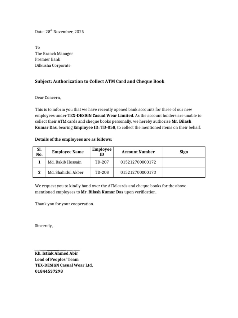 Authorization for ATM Card Collection | PDF