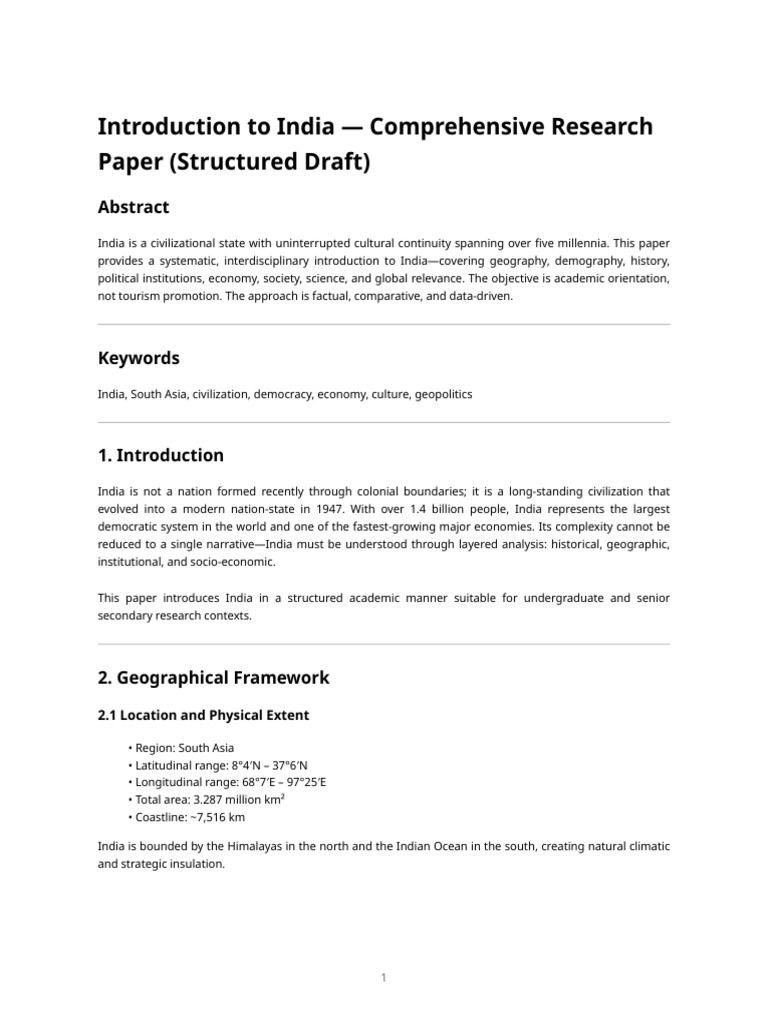 Introduction to India — Research Paper (Structured Draft) | PDF
