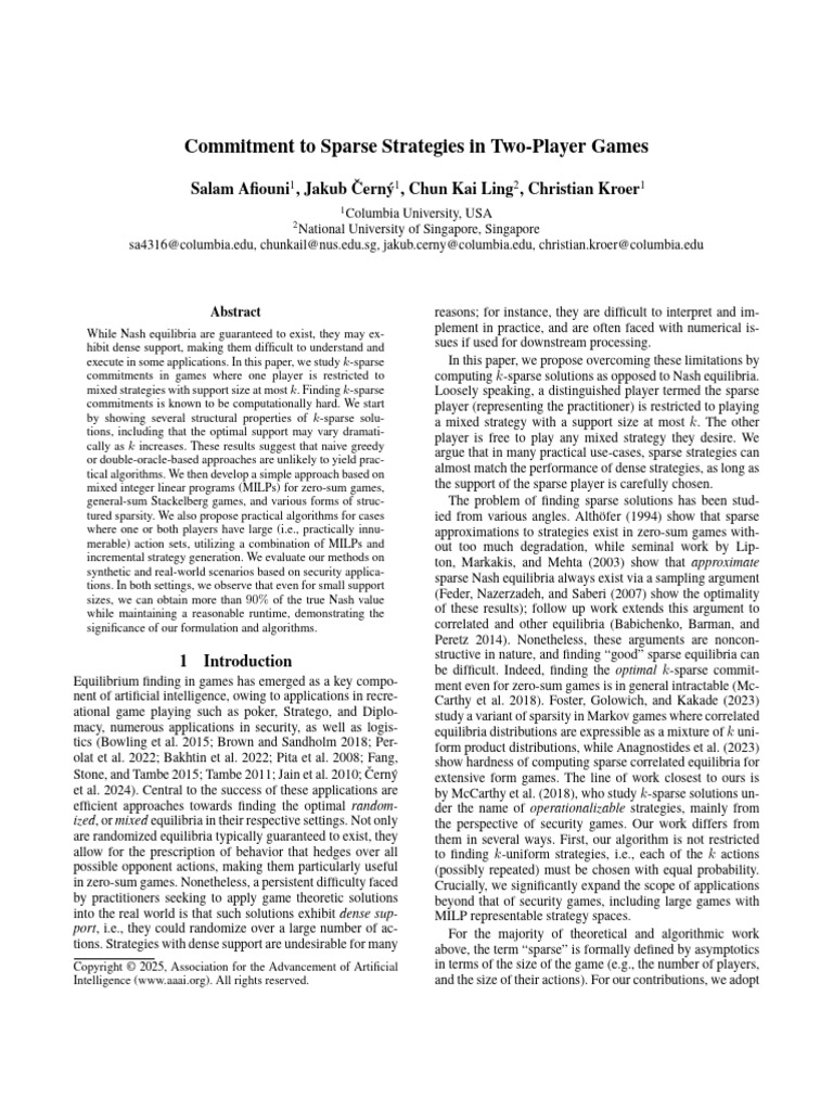 Sparse Strategies in Two-Player Games | PDF | Gaming | Mathematical ...