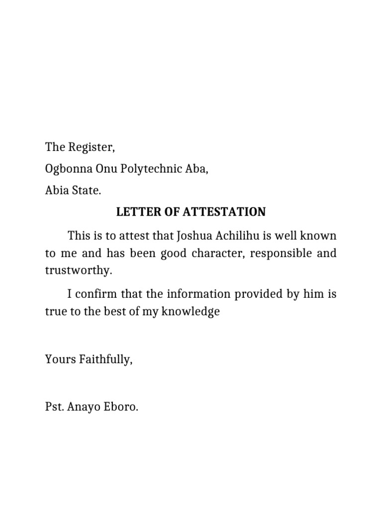 Attestation Letter for Joshua Achilihu | PDF