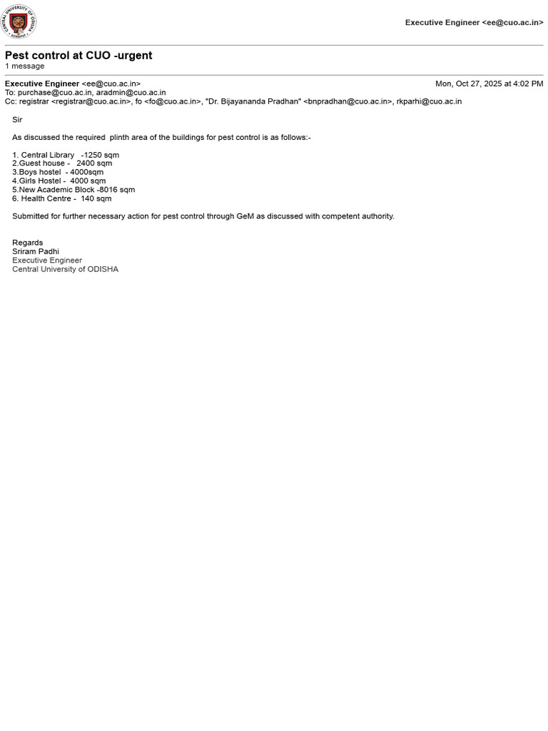 Pest Control Area Requirements at CUO | PDF