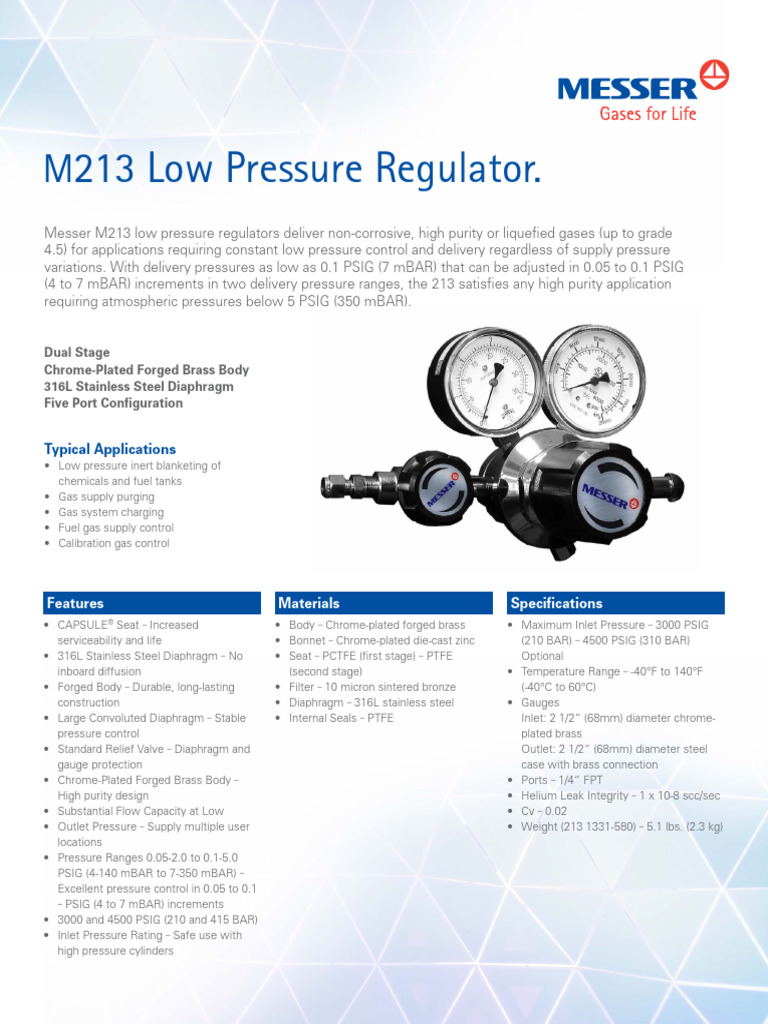 M213 Low Pressure Regulator - Datasheet | PDF | Pressure | Gas Technologies