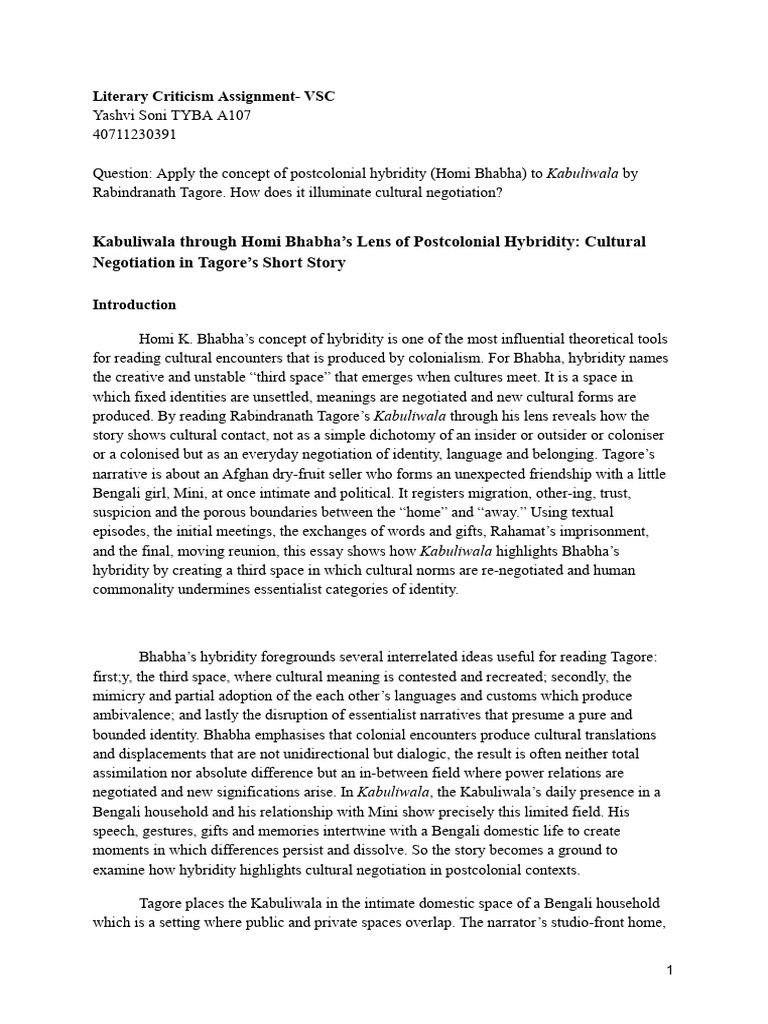 Postcolonial Hybridity in Tagore's Kabuliwala | PDF