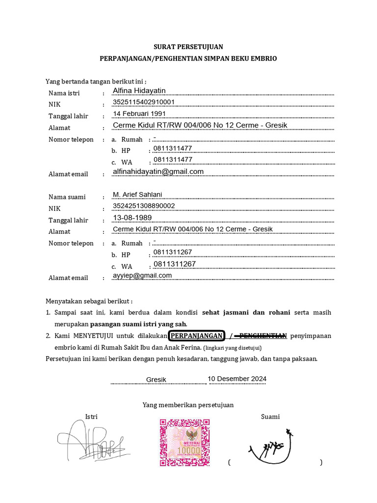 Persetujuan Simpan Beku Embrio | PDF