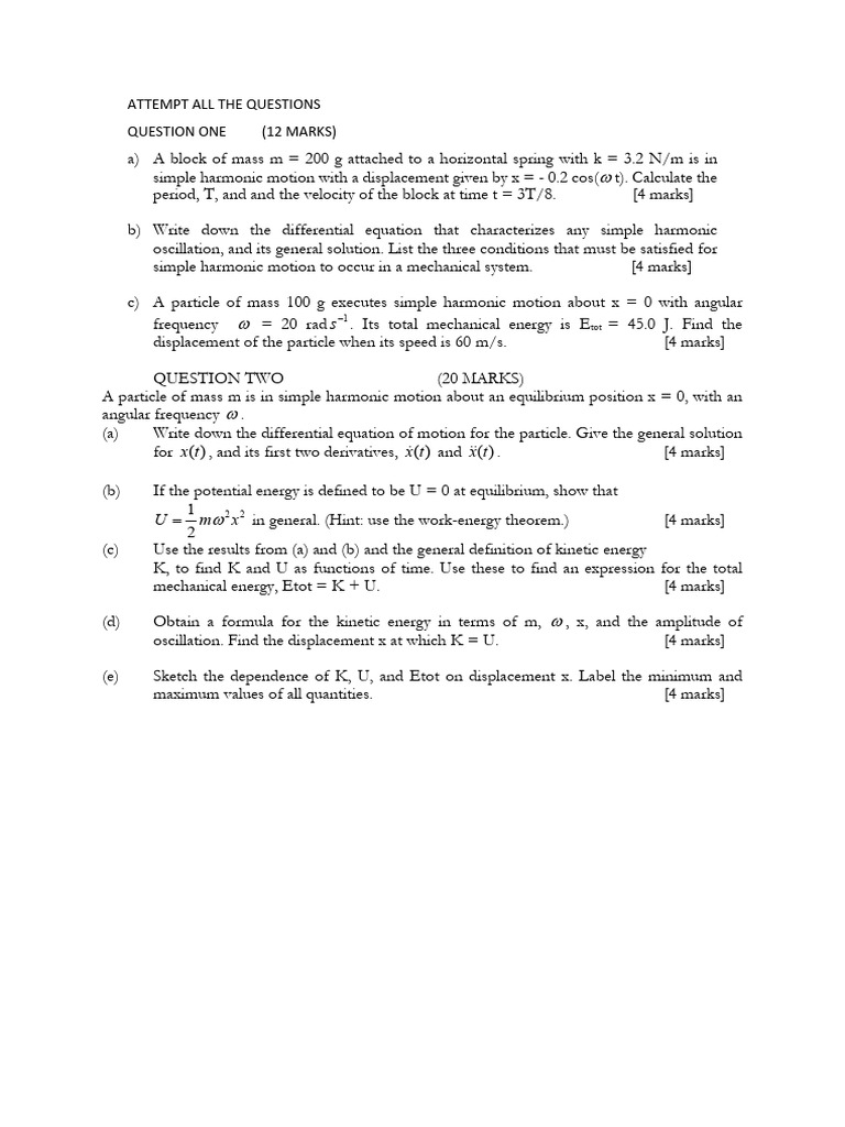 Practice Questions on Shm and Energy in Shm | PDF