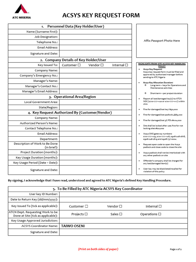 ACSYS Key Request Form Template | PDF
