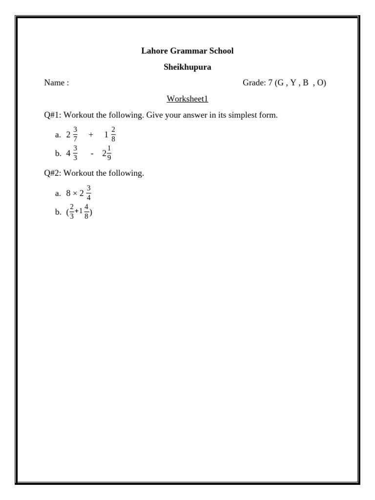 Grade 7 Math Worksheet - Lahore Grammar | PDF
