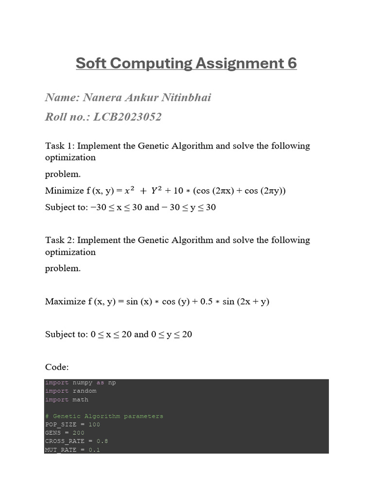 LCB2023052 Soft Computing Assignment 6 | PDF | Genetic Algorithm ...